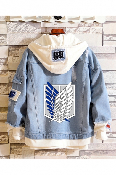 Dressy Mens Denim Jacket Cartoon Letter Printed Raw Edge Button up Long Sleeve Fitted Hooded Denim Jacket in Blue