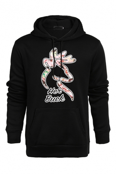 Matching Couple HER BUCK HIS DOE Printed Long Sleeve Black Classic Pullover Hoodie