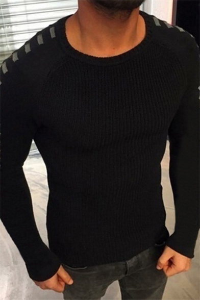 New Stylish Arrow Print Pleated Long Sleeve Crewneck Slim Fit Knitted Pullover Sweater