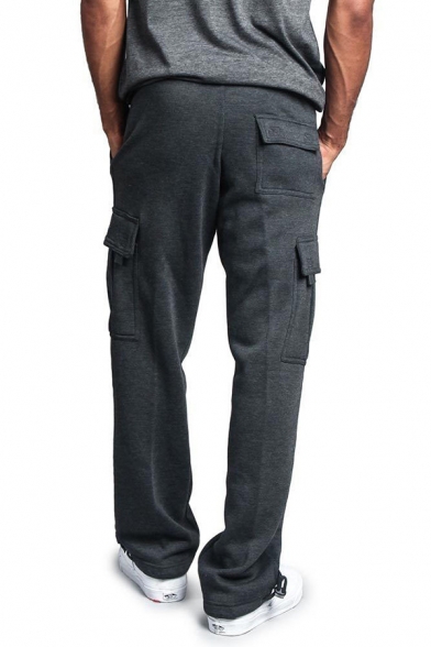 Retro Pants Plain Drawstring Waist Flap Pocket Loose Fit Long Sweat Pants for Men