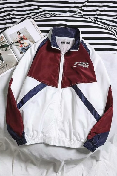 Simple Letter NOSUPONE Print Fashion Colorblocked Long Sleeve Stand Collar Zip Up Track Jacket