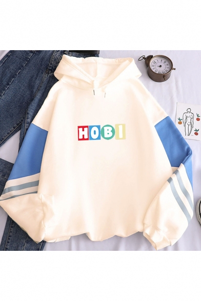 Basic Ladies Colorblock Letter Printed Drawstring Long Sleeve Pullover Relaxed Fitted Hooded Sweatshirt