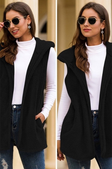Casual Plain Sleeveless Hooded Sherpa Fleece Relaxed Fit Open Front Vest for Women