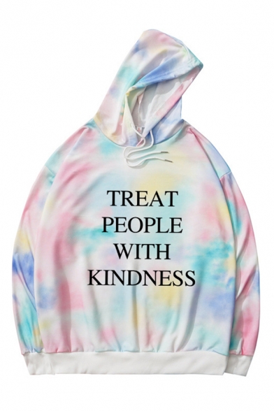 Chic Hoodie Tie Dye Letter Treat People with Kindness Printed Long Sleeves Relaxed Fitted Hooded Sweatshirt for Women