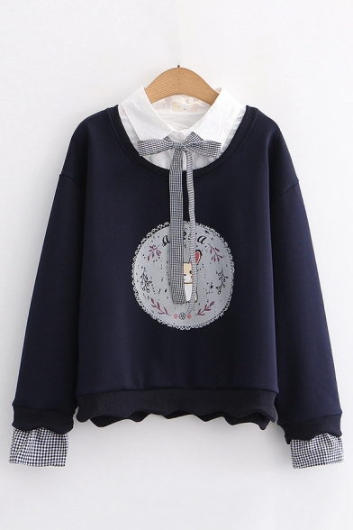 Chic Sweatshirt Rabbit Letter Printed Bow Faux Twinset Fitted Long Sleeve Graphic Sweatshirt for Women