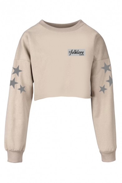 Cool Sweatshirt Star Letter Folklore Pattern Regular Fitted Long Sleeve Crop Sweatshirt for Women