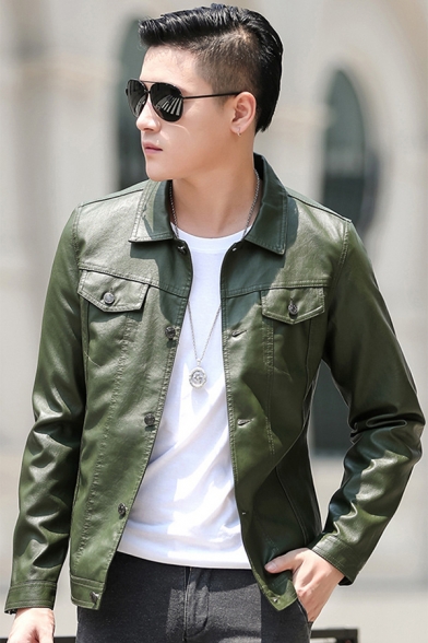 Men's New Trendy Simple Plain Long Sleeve Lapel Collar Single Breasted Casual Leather Jacket