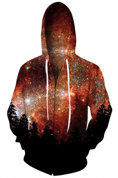 Trendy Galaxy Forest Printed Long Sleeves Zip-up Hoodie with Pockets