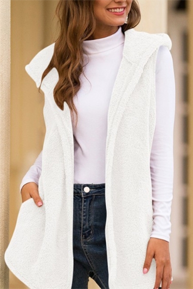 Casual Plain Sleeveless Hooded Sherpa Fleece Relaxed Fit Open Front Vest for Women