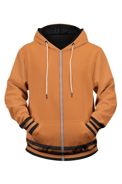Fashion Orange Hooded Sweatshirt Colorblock Long Sleeve Pocket Drawstring Pullover Regular Fitted Hooded Sweatshirt for Men