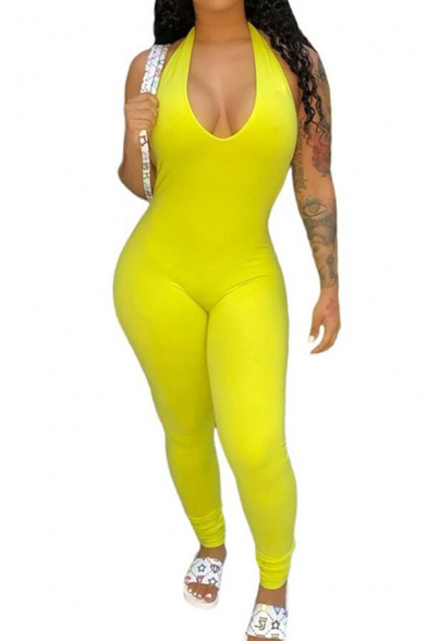 New Trendy Women Sexy Yellow Backless Sleeveless Skinny Fit Jumpsuit Catsuit