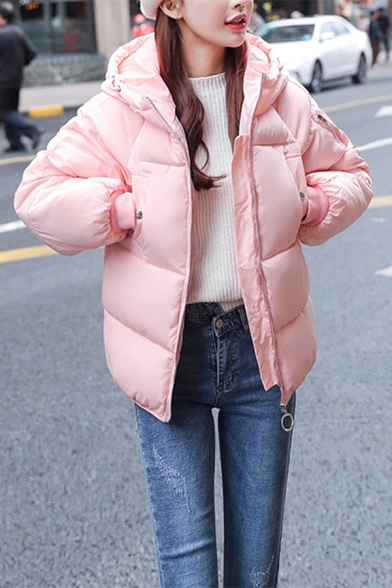 Plain Cute Balloon Sleeve Hooded O-Ring Zip Up Zipper Pockets Decoration Boxy Down Coat for Girls