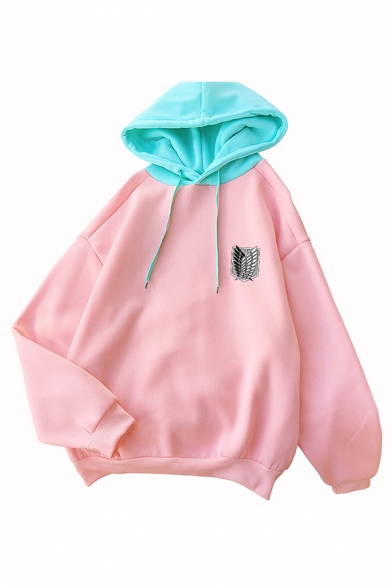 Preppy Hoodie Wing Pattern Loose Fitted Drawstring Long Sleeve Contrasted Hooded Sweatshirt for Women