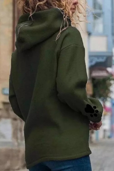 Trendy Girls Footprinted Pattern Long Sleeve Pullover Regular Fitted Hooded Sweatshirt