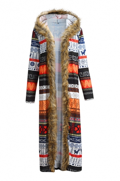 Womens Vintage Allover Geometric Aztec Print Long Sleeve Fur Trimmed Hooded Longline Cardigan