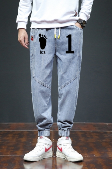 Fancy Mens Jeans Footprinted and Number Printed Pocket Drawstring Slim Fitted Full Length Cropped Jeans