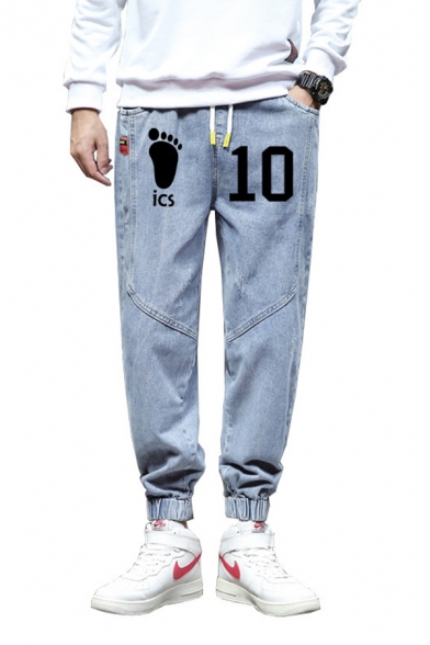 Fancy Mens Jeans Footprinted and Number Printed Pocket Drawstring Slim Fitted Full Length Cropped Jeans