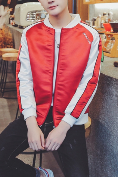 New Trendy Wing Embroidery Long Sleeve Stand-Collar Zip Up Slim Fit Casual Red Bomber Jacket