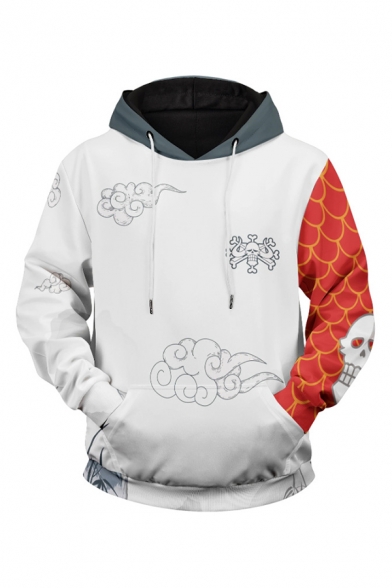 Popular Mens White3D Hooded Sweatshirt Dragon Cloud Pattern Long Sleeve Pocket Drawstring Regular Fitted Hooded Sweatshirt