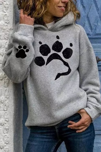 Trendy Girls Footprinted Pattern Long Sleeve Pullover Regular Fitted Hooded Sweatshirt