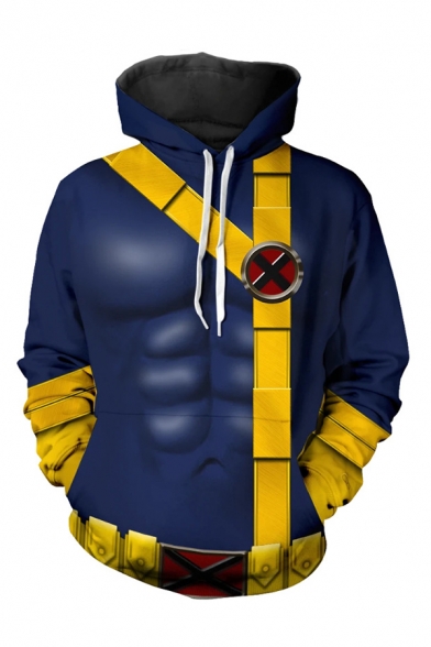 Basic Mens 3D Hoodie Muscle Belted Pattern Long Sleeve Pocket Drawstring Regular Fitted Pullover Hooded Sweatshirt in Blue