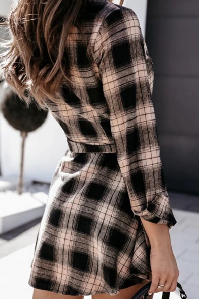 Fashion Girls Plaid Patterned Long Sleeve Spread Collar Button-up Tied Waist Mini A-line Shirt Dress