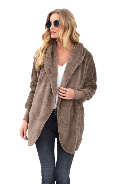 Trendy Womens Solid Colored Open Front Sherpa Liner Long Sleeve Fitted Hooded Coat