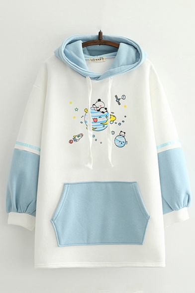 

Chic Hoodie Cartoon Earth Animal Colorblock Printed Drawstring Long Sleeve Relaxed Fitted Hooded Sweatshirt for Women, Blue;white, LC705951
