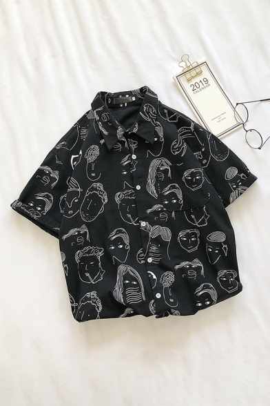 Funny Mens All over Ghost Pattern Letter Boo Pocket Button up Point Collar Short Sleeve Oversize Shirt