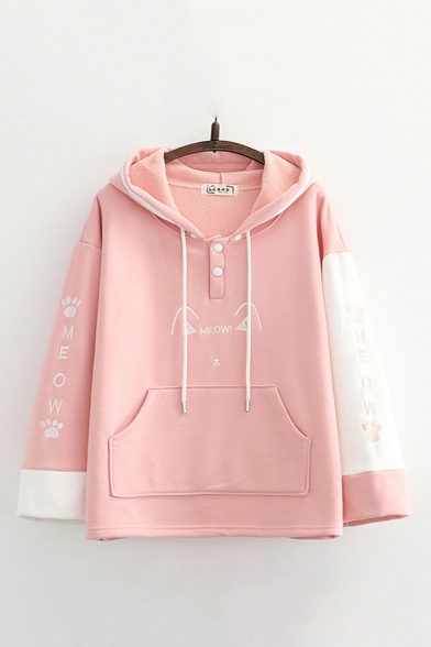 Trendy Sweatshirt Cat Ear Colorblock Letter Meow Printed Drawstring Button Fitted Long Sleeve Hoodie for Women