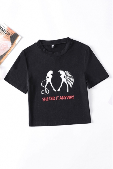 Women's Fashion Angel Devil Letter Pattern Round Neck Short Sleeves Slim-Fit Cropped Tee Top