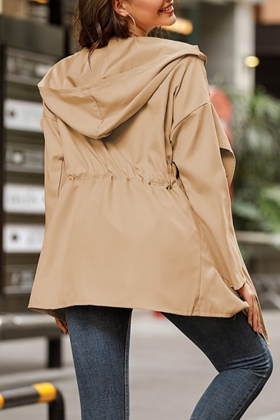 Basic Trench Plain Lapel Open Front Long Sleeve Relaxed Fit Hooded Trench Coat for Women