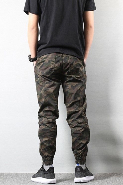 Camouflage Printed Strap Embellished Elastic Waist Sports Pants