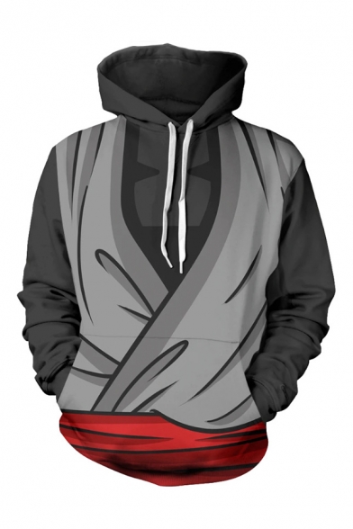 Chic Mens 3D Grey Hoodie Cloth Printed Long Sleeve Pocket Drawstring Regular Fit Hooded Sweatshirt