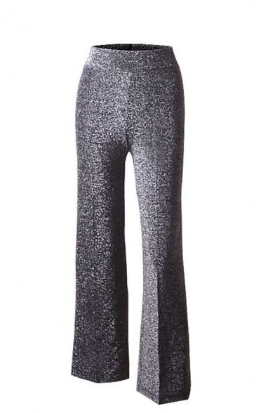 Chic Womens Elastic Waist Glitter Solid Color Long Length Wide-Leg Pants