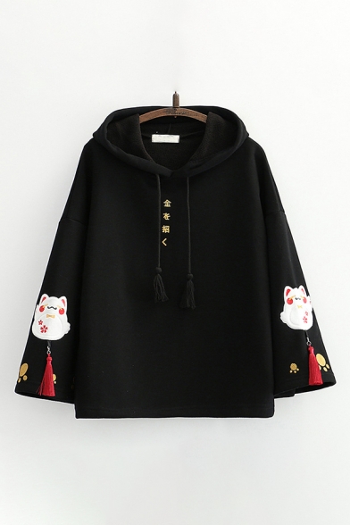 Popular Womens Cat Letter Embroidery Long Sleeve Pullover Drawstring Relaxed Fitted Hooded Sweatshirt with Tassel