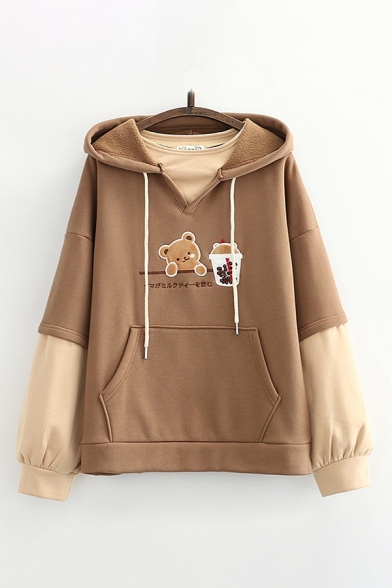 Stylish Colorblock Bear Cup Letter Printed Pocket Long Sleeve Pullover Drawstring Regular Fitted Hoodie for Women