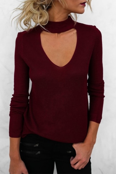 

Basic Plain Long Sleeve Choker Cut Out Purl-Knit Relaxed Pullover Sweater for Ladies, Black;burgundy;gray, LM580596