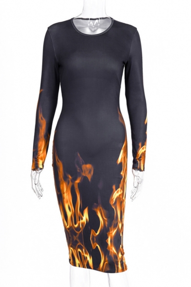 Chic Round Neck Flame Pint Long Sleeve Slim-fit Bodycon Mini Dress