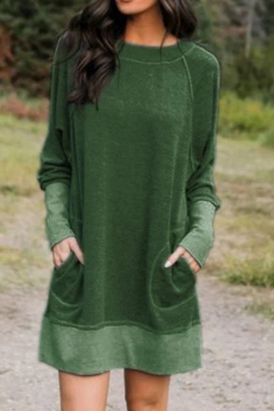Ladies Leisure Contrasted Long Sleeve Crew Neck Mini Relaxed Sweatshirt Dress