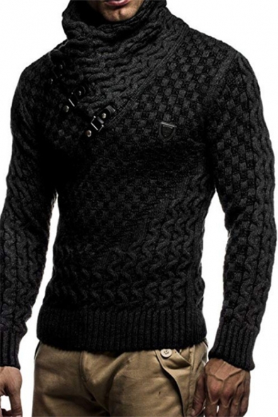 Mens Popular Shawl Collar Buckle Embellishment Solid Color Chunky Knit Pullover Sweater