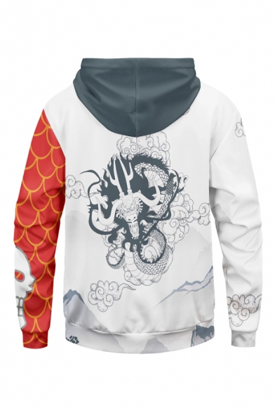 Popular Mens White3D Hooded Sweatshirt Dragon Cloud Pattern Long Sleeve Pocket Drawstring Regular Fitted Hooded Sweatshirt
