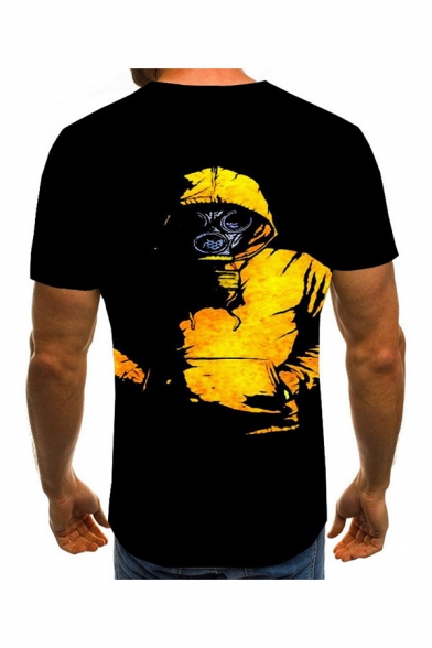 Trendy Mens Short Sleeve Crew Neck Cartoon Skull 3D Printed Colorblock Fitted T-Shirt in Black