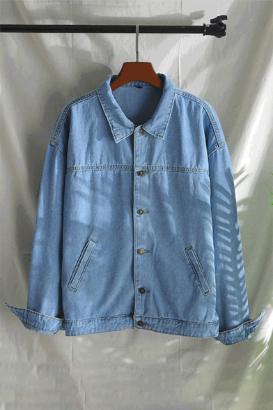 Men's Basic Simple Plain Vintage Light Blue Long Sleeve Button Down Casual Denim Jacket