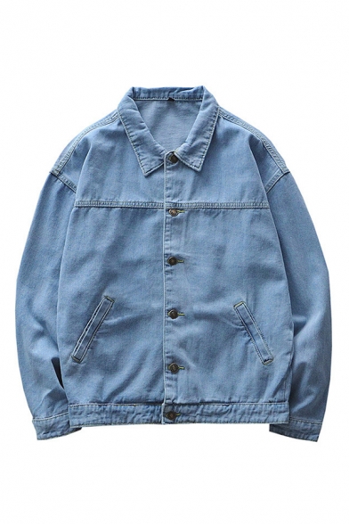 Men's Basic Simple Plain Vintage Light Blue Long Sleeve Button Down Casual Denim Jacket