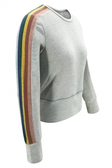 grey sweatshirt with rainbow stripes