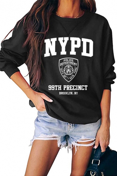 Womens Stylish Sweatshirt Letter NYPD 99th Percent Printed Loose Fit Long Sleeve Sweatshirt