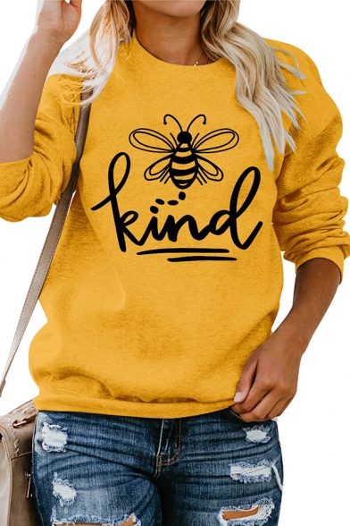 Casual Girls Sweatshirt Bee Letter Kind Printed Loose Fitted Long Sleeve Graphic Pullover Sweatshirt