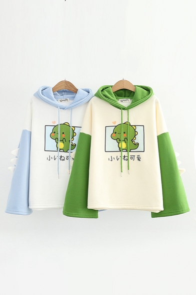 Chic Sweatshirt Cartoon Dinosaur Japanese Letter Printed Fitted Long Sleeve Graphic Hooded Sweatshirt for Women