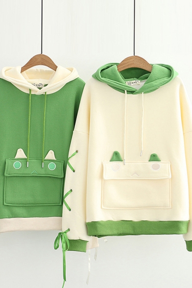 Cute Cartoon Frog Pattern Flap Pocket Long Sleeve Drawstring Lace up Pullover Regular Fitted Hoodie for Ladies